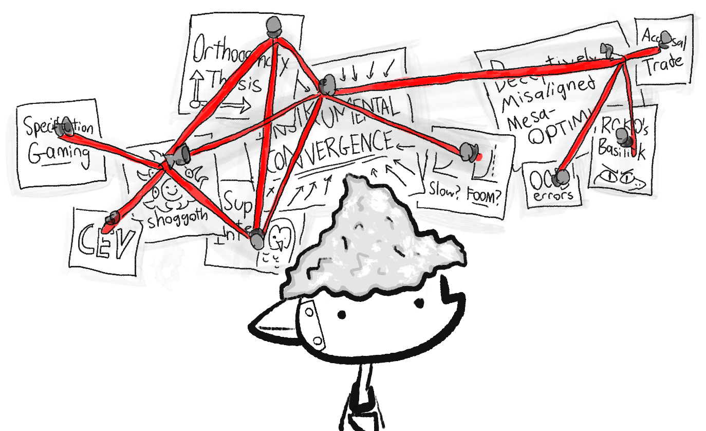 RCM in front of a "crazy board" with red thread, thumbtacks, and papers with AI jargon.